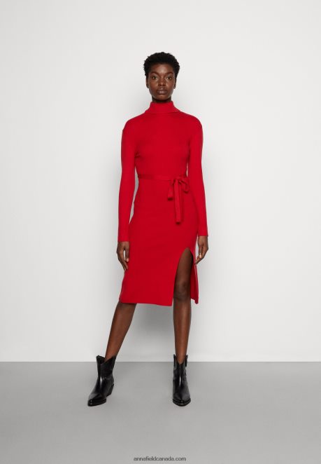 Anna Field Women Rollkragen Ripp Mini Strickkleid Mit GRtel Jumper Dress Red H42J4Z232