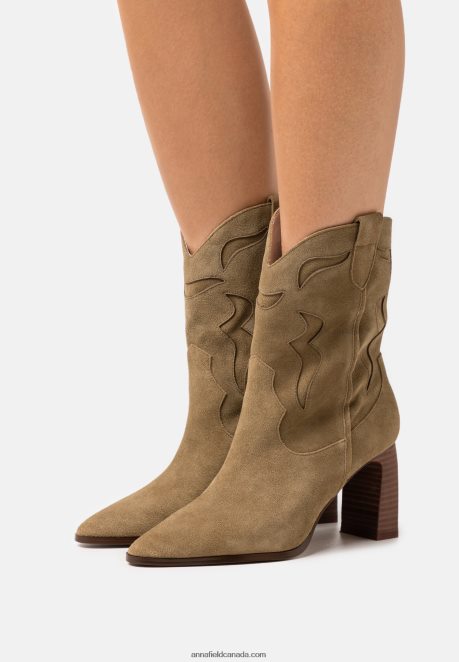 Anna Field Women Leather Cowboy/Biker Ankle Boot Khaki H42J4Z2051
