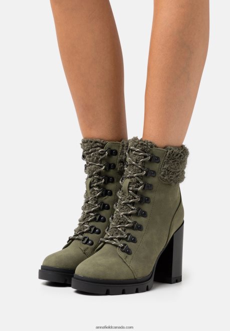 Anna Field Women Leather Lace-Up Ankle Boots Khaki H42J4Z2017