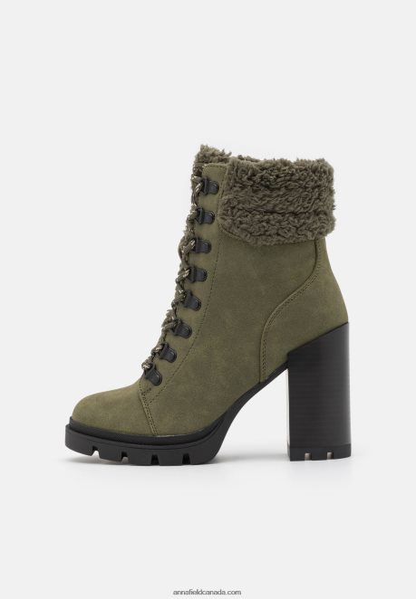 Anna Field Women Leather Lace-Up Ankle Boots Khaki H42J4Z2017