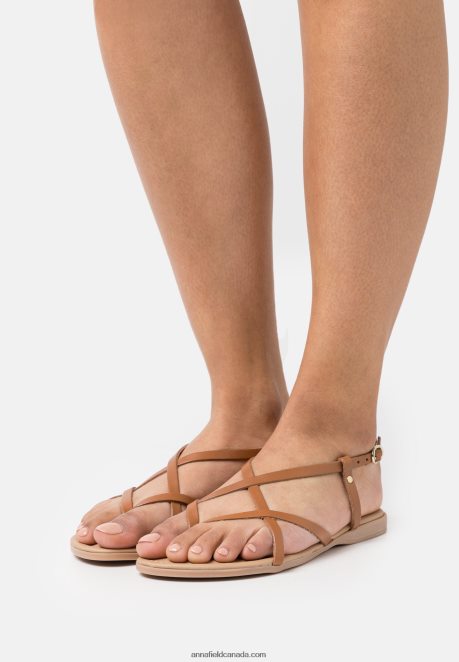 Anna Field Women Leather T-Bar Sandals Cognac H42J4Z1536